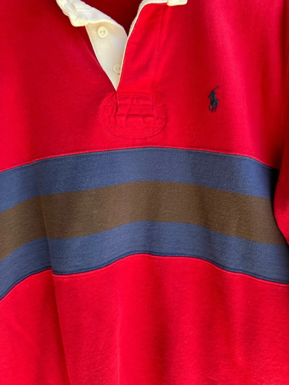 Ralph Lauren Red Rugby Shirt with Navy and Brown Stripes